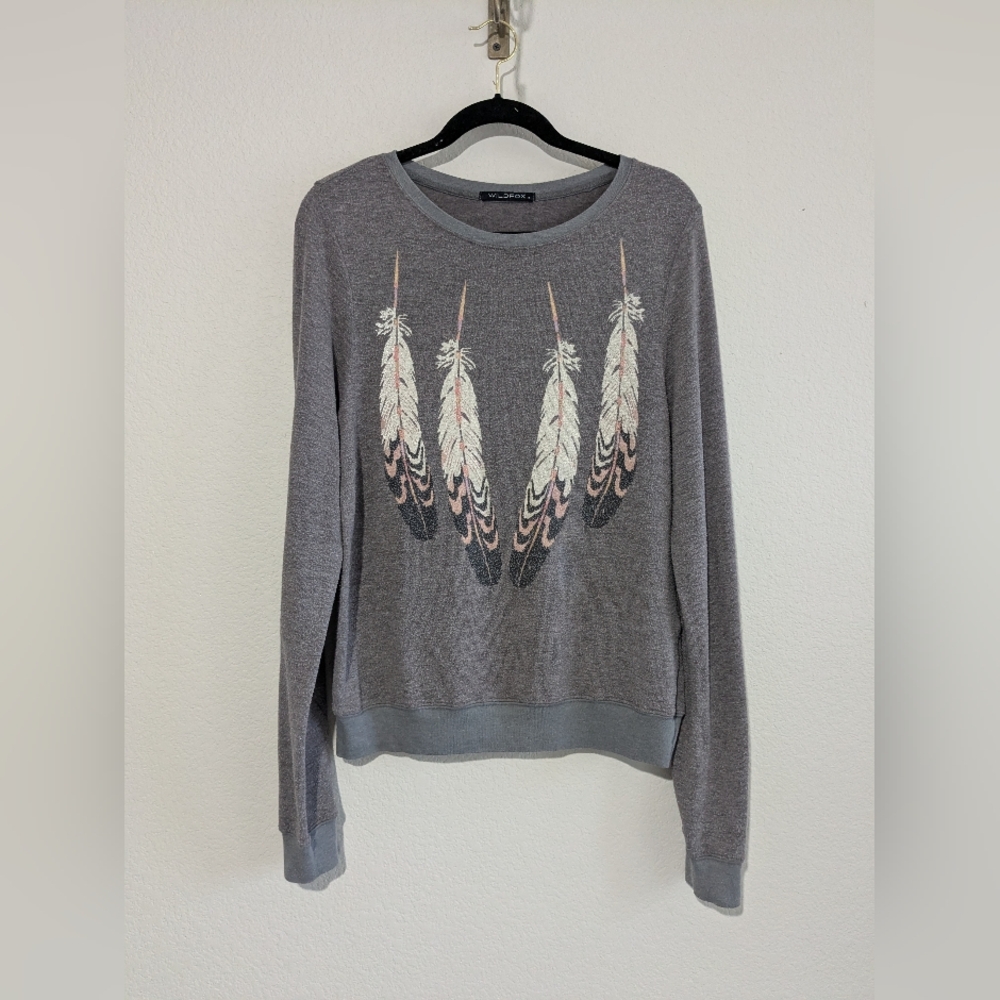 Wildfox Gray Feather Print Slub Knit Worn Style Boho Thin Sweatshirt S